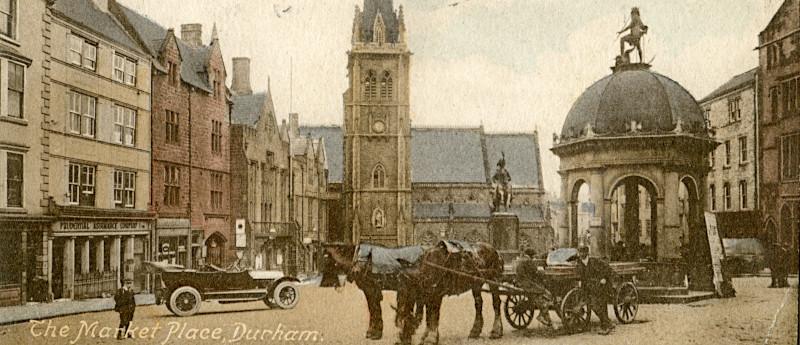 Colour view of Durham Market Place, St. Nicholas' church and the Pant, c.1910. Image © Durham Record Office (D/DW 1/4(67))