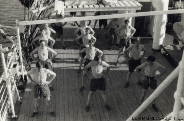 Officers exercising on board the Empire Trooper, August 1952. Image © Durham Record Office (D/DLI 7/1277/3)